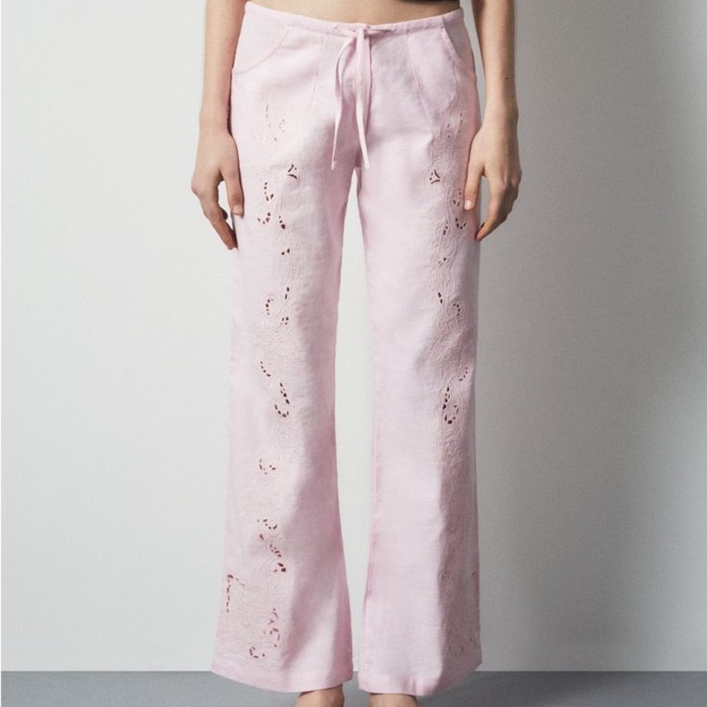 Pink Eyelet Wide-Leg Pants
